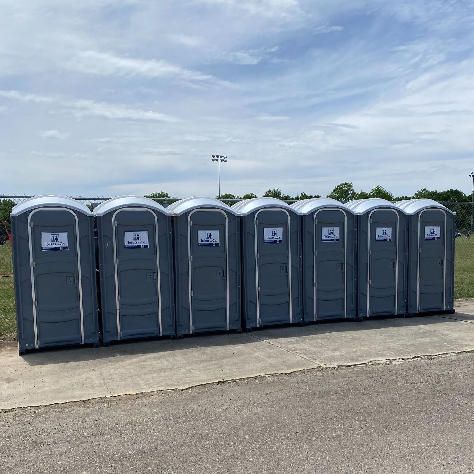 A line of standard portable toilet units for a large outdoor event.